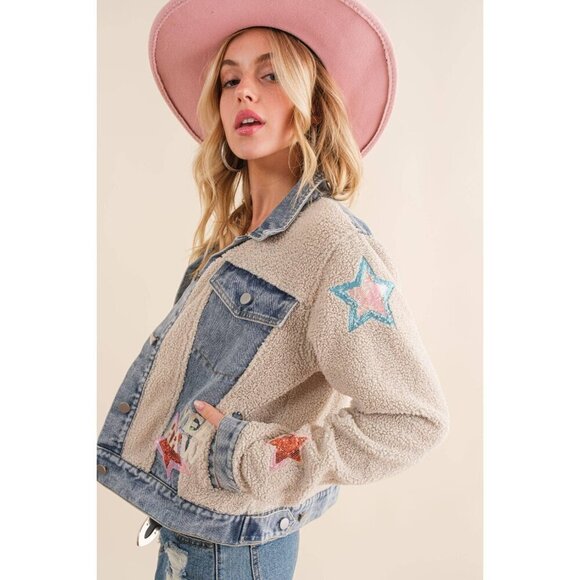Teddy Denim Contrast Yee Haw Sequin Star Jacket - Picture 6 of 16